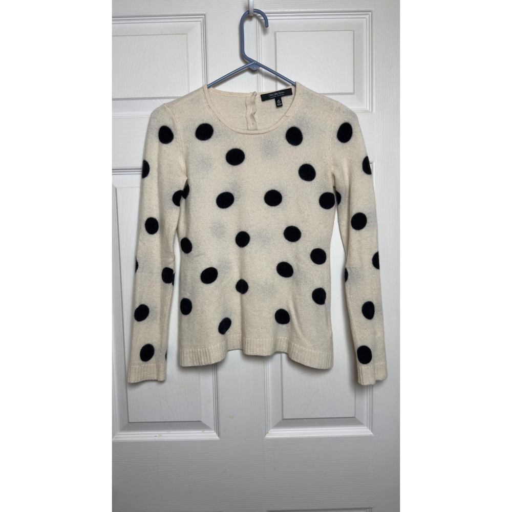 Saks Fifth Avenue‎ Cashmere Sweater Womens Small Cream Black Polka Dot Crew Neck